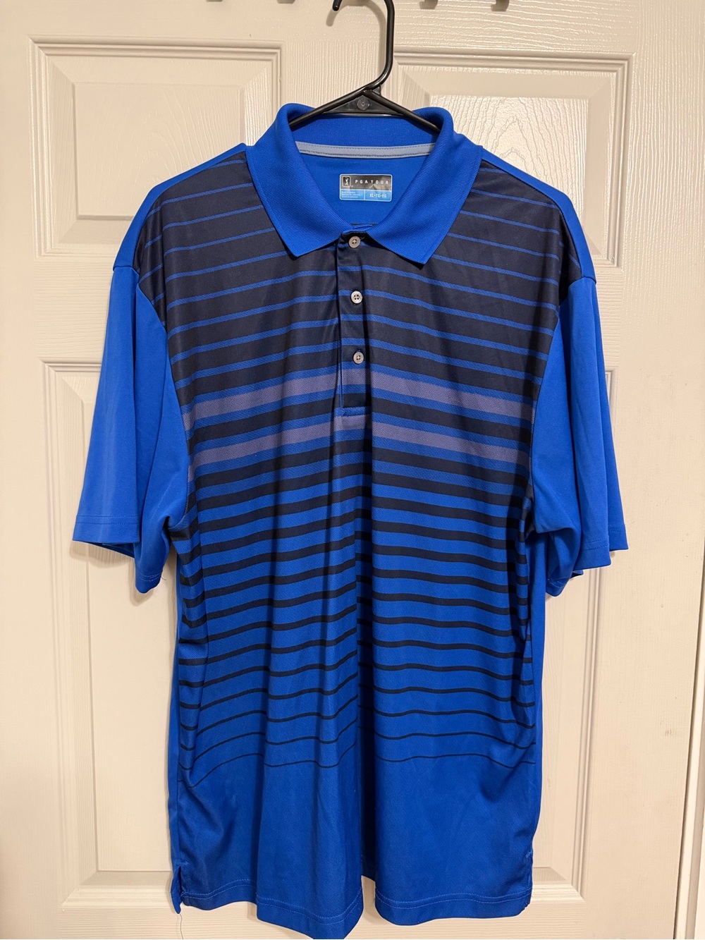 PGA Tour Men’s XL Blue and black striped short sleeve collared Golf polo shirt